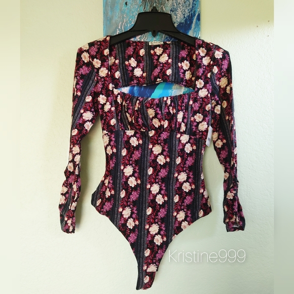 Free People Center Stage Open Back Printed Bodysuit in Black Purple Cream Floral - Picture 5 of 8